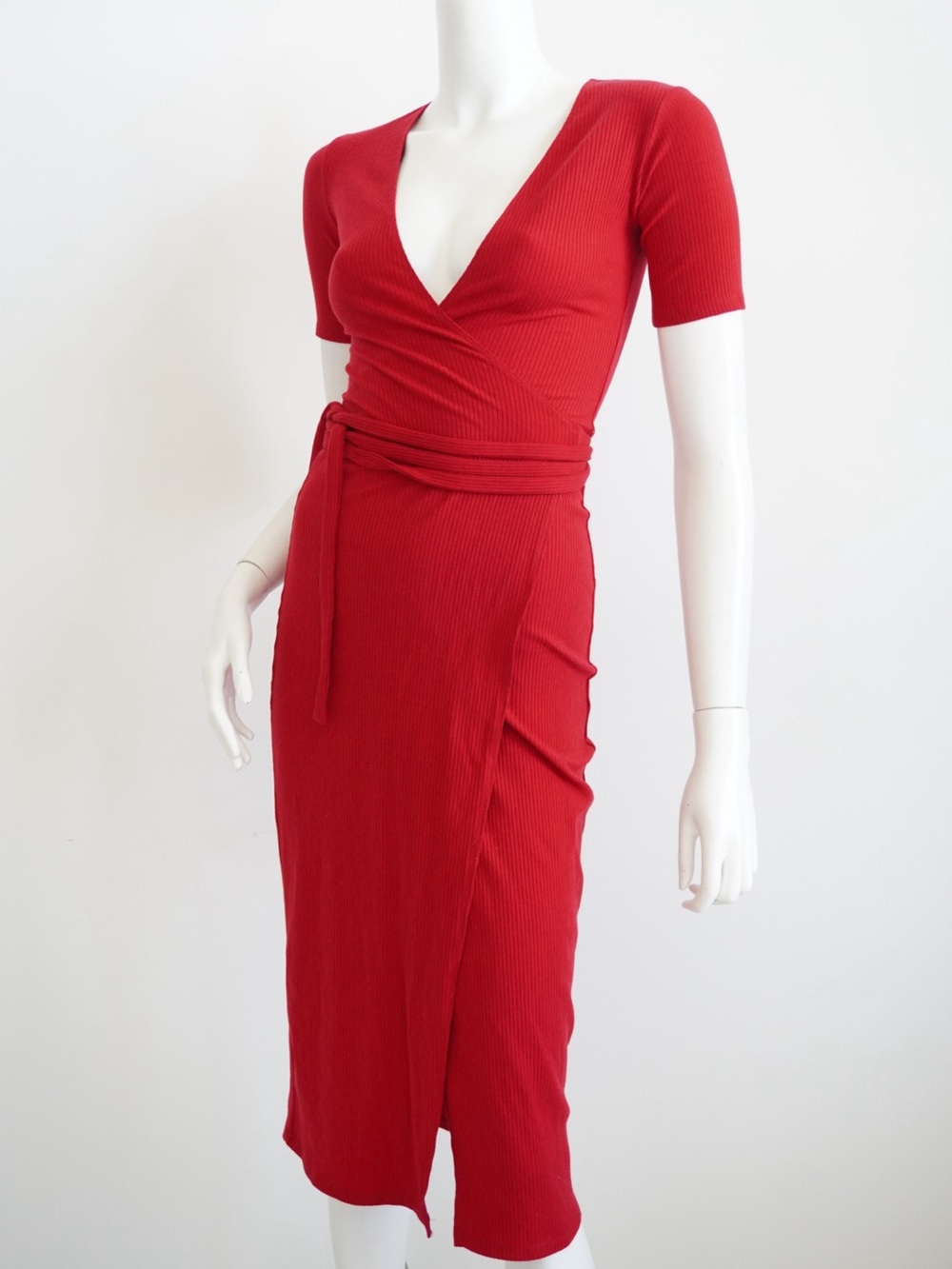 Reformation Red Ribbed Knit Wrap Midi Dress - Size XS